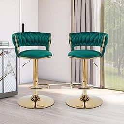 Creative Barstool/Kitchen Chairs 360 Degree Rotatable Swivel Elegant Classy & Comfortable Chair with Golden Base and Velvet Fabric (Pack of 2) (Green)-image-9