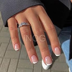 INOG French Tip Press on Nails Short Nude Pink White FakeNails Stick on Nails 24Pcs Jelly Glue FalseNails for Women Girls Includes 1sheet Gluetabs, 2g Glue, 1 Manicure Stick, 1 Mini File-13