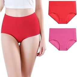 Women’s Cotton High Wasit Underwear Full Coverage Brief Panty | Ladies Soft, Comfortable, Breathable Underpants Briefs Panties | Size: M - XXL- Pack of 2 Pink Red-2XL-image-56
