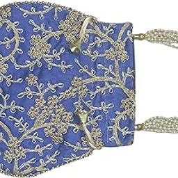 Potli Handbag with Gold Floral Embroidery, Pearl Handle, Royal Blue Rajasthani potli-image-15