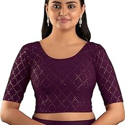 PASAND Women's Stretchable Readymade Blouse with Golden Foil Print | Elbow Sleeve Crop Top for Saree & Lehenga-image-70