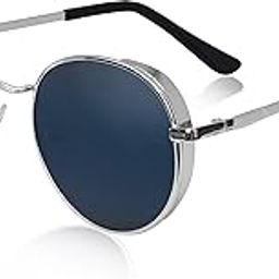 Round Metal Sunglasses For Men & Women, Silver Frame with Blue Lenses, Classic Retro Style, Leather Case-image-98