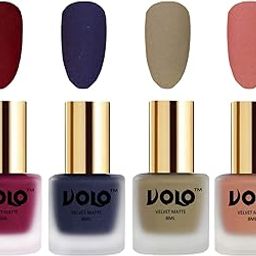 Volo Velvet Dull Matte Posh Shades Party Girl Range Nail Polish Sets(Carrot Red, Russian Navy Blue, Sand Nude, Light Peach 32 ml) Pack of 4-image-56