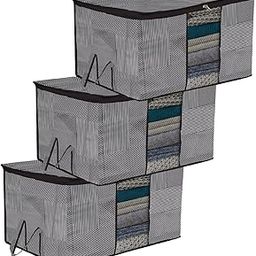 Kuber Industries Underbed Storage Bag | Clothes Storage Bag | Blanket Cover with Clear Window | Zipper Closure & Handle Cloth Organizer | Lining-Design | Large | Pack of 3 | Gray-3