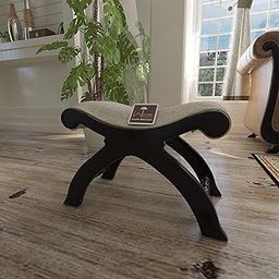 Wooden Twist Acacia Wood Cushioned Ottoman Stool Chair (Walnut Brown, Beige)-image-15