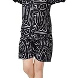 Black Abstract Printed Cotton Shirt and Shorts for Girls|Co-Ords Set-image-24