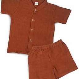 BAYBEE New Born Clothes Muslin Cotton Dress for Kids | Summer Clothing Set With Chinese Collar & Press Button | Shirt & Shorts Set for Baby Boy & Girl (Dried Saffron, 0-3 Months (XS))-picture-17