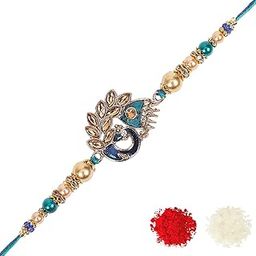 Stylish Peacock Feather and Kundan Rakhi Bracelet with Roli Chawal and Greeting Card (K2)-image-78