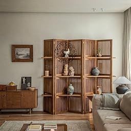 THE ART SHOPPEE Wooden Partition Divider for Living Room, Partition Wall, Privacy Divider, Freestanding Folding Panels for Changing Room/Poojah Room (6 Feet 5 Panel with 3 Shelve Brown)-4