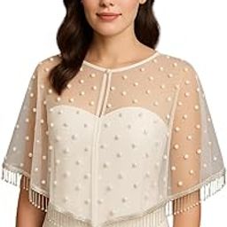 Zarinivas Women's Net Pearl Beaded Cape Shrug | Transparent Sheer Dupatta Cover-Up | Stylish Wedding & Eveining Party Poncho with Bead Tassels-picture-18