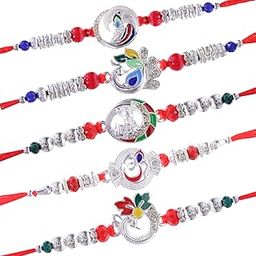 Rakhi for Brother Combo - Kundan Rakhi Set of 5 for Brother Bhaiya Bhabhi Kids Boys Men Bhai with Greeting Card and Tikka - Rakhi for Rakshabandhan-5