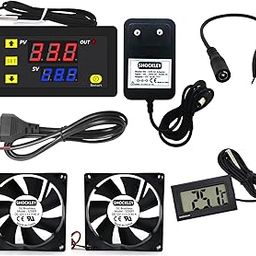 Shockley XH-W3230 -50 to 110c 220V AC Intelligent Digital Thermostat temperature controller + 2 FAN + Mains Power Cord + DC Female Jack + 12V 1 Amp Adapter + Thermometer TPM-10 (2 Fan Thermometer)-14