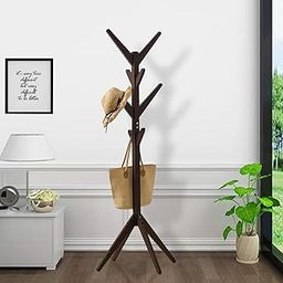 Naayaab Craft Coat Rack Free Standing Bamboo Coat Stand with 8 Hooks For Organize Hats Scarves, Clothes, Handbags for Entry Hallway Bedroom Reception Room - Dark Brown - Size (45 x 45 x 175 cm)-image-63