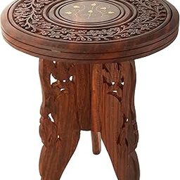 A S Handicrafts Handmade Wooden Table Round Vase with 3 Leg Carving Brass Folding Stool-15