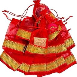 KRIWIN Pack of Thirty Small Size Silk Organza Potli Gift Bags Coin Bags(15 X 10 cm) Drawstring Closure (Red)-26