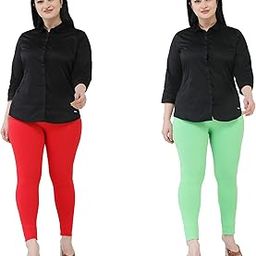 Premium Cotton Body Hugging Ankle Length Legging for Women, Soft and Comfortable Fabric with Elastic Closure, Free Size - Pack of 2pc (Fit Upto 25 to 32 Waist)- Red, Green-image-56