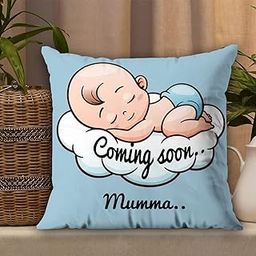 AWANI Trends Satin Coming Soon Mumma Pregnant Gift for Wife Women Sister Pregnancy Gift for Baby Shower Printed Cushion Cover(12 X 12 Inch) with Filler-Blue,200 TC-14