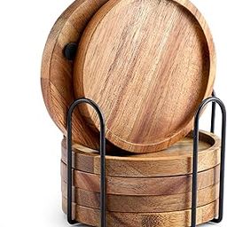 WLWNWFT Acacia Wood Coasters for Drinks with Lip, Round Drink Coasters with Holder for Coffee Table Dining Table Wooden Table Coasters for Farmhouse Desk, Set of 6-image-33