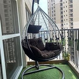 City Outdoor Furniture Single Seater Swing Chair with Stand and Cushion Hammock Swing for Adult Outdoor Indoor Garden Living Room Balcony Hanging Chair (White & Brown)-picture-29