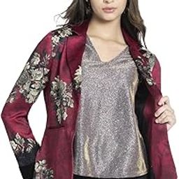 Notched Lapel Collar Wine Floral Print Long Sleeves Casual Blazer for Women-11