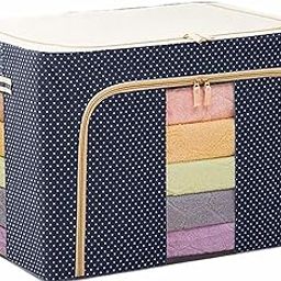 WHIPBIRD 66L Clothes Storage Box with Zip Wardrobe Cloth, Saree, Blanket Almari Fabric Foldable Steel Frame Organizer Bag with Top and Front Zipper (Pack of 1)-23