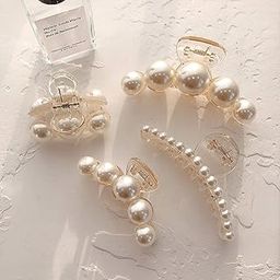 Stvin 4 Pcs Pearl Hair Claw Clips for Women, Stylish Acrylic Hair Clutcher for Ponytail Holder, Wedding Butterfly Barrettes Hair Accessories for Girls, Small & Large-53
