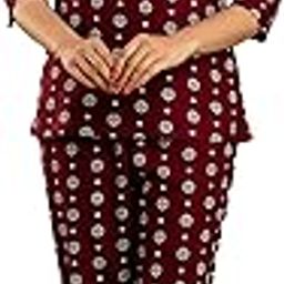 Women's Rayon Printed Night Suit Set, 3/4 Sleeve Top with Pyjama, Maroon Green Red, Purple Traditional Pattern-image-11