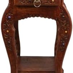 R K Online Store Hand Carved Side Table with Drawer Modern Bedside Table./ End Table/Side Table Home Decor Furniture Natural Finish Colour - Brown-image-66