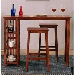 MAHIMART & HANDICRAFTS Sheesham Wood Bar Table Set with 2 High Stools | Stylish Wooden Bartop with 3 Shelves Storage for Living Room, Kitchen, Pub, and Home Décor Furniture (Brown)-picture-1