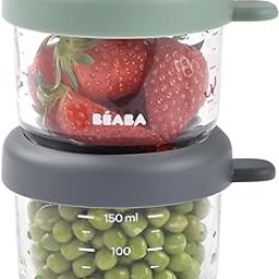 Asitis Nutrition Beaba Set of 2 Baby Food Preservation Glass/Resistant Glass, 100% Airtight, Cold Heat Resistant, Freezing, Sterilisation, Graduation, 150ml, Sage Green/Mineral-picture-8