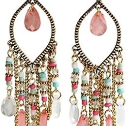 Gold Oxidized Hook Earrings With Tassel Multicolor Beads For Women, Boho Chic Dangling Earrings, Vintage Style Hook Earrings, Multicolor Tassel Beaded Earrings, Statement Earrings-image-6