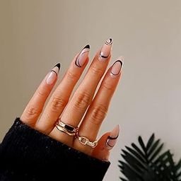 24 Reusable Artificial Fake Nail Set| Peach Base Colour Black Design Glossy Nails| Lightweight & Long Lasting| Easy To Use| Quick Fix For Festivals & Special Occasions-11