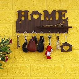 Webelkart Designer Home Keys Wooden Key Holder with 7 Hooks, Free Keychain (29 cm x 13.5 cm x 0.4 cm, Brown) Key Stand Key Hanger-image-22