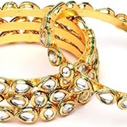 Set of 4 Gold Plated Round and Drop Shape Polki Kundan Studded Bangles for Women-image-88