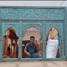 Nazar Art & Craft Wooden Carved Mirror Frame | Mirror Frame with Antique Design | Wall Hanging Mirror | Wooden Mirror Jharokha (Blue)-image-60