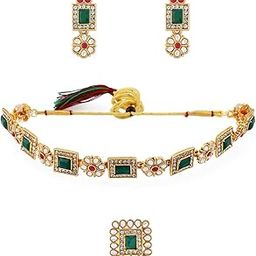 Green & Pink Stones Ethnic Collar Bone Necklace Earring & Ring Set For Women-ZPFK11665-image-44