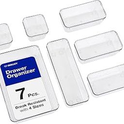 BOXJOY Set of 7 𝐔𝐧𝐛𝐫𝐞𝐚𝐤𝐚𝐛𝐥𝐞 Smart Acrylic Desk Drawers Organisers Transparent Organizer Tray for Drawer Dressing Table Makeup Storage Cosmetic Bathroom Dividers and Make Up Plastic Boxes-8