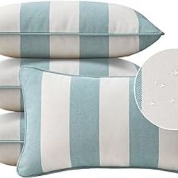 Unimatta Decorative Outdoor Couch Bed Pillows Pack of 4, Waterproof Throw Patio Sofa Pillow 20"x12", Turquoise Stripe-image-25