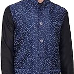 Men's Indian Dupion Silk Printed Nehru Jacket Waistcoat Blue_M-14