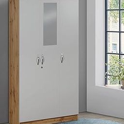 AKSHAZZ Plank Cove 3-Door Engineered Wood Wardrobe with Mirror (Wotan Oak and White, Matte Finish) G06-image-44