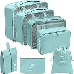 7 Set Packing Cube and Suitcases, Packing for Carry On Travel Bags Organizer, Luggage Clothes Cosmetics Packing Toiletries with Laundry Bag,Storage Shoe Bag, Clothing Underwear Bag (Sky Blue)-picture-29