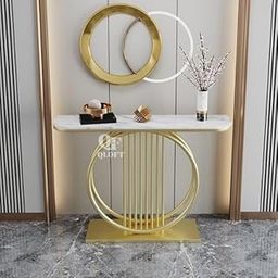 QLOFT Modern Console Table with Engineered Wood Marble Look Top and Metal Frame The Most Fashionable Entry Table for The Living Room, Hallway, Bedroom, Office, etc.. (White)-picture-28