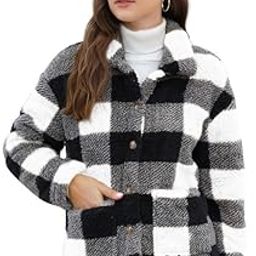 Women's Plaid Fluffy Button Down Coat Warm Long Sleeve Stand Collar Jacket with Pockets-image-11