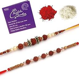 for Brother Trendy Rudraksha Handmade & Gold Plated Combo with Roli Chawal & Greeting Card|Rakshabandhan|Set of 2|CBRAK107570-image-24