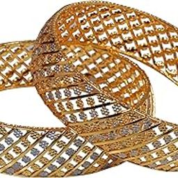 Traditional Gold-color Metal Bangle Set, 2 Pieces, Diagonal Net Cut, 6.5 cm Width-picture-38