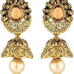 Antique Gold Oxidized Traditional Jhumka Earrings with Peach Stone & Pearl-image-11