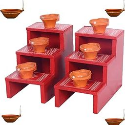 Mini Wood 3steps 4inches Diya Steps, Stand for Pooja Room and Festival, Diya for Diwali. [Pack of 2 Pieces] Agal vilaku Small Size steaps. 3 Steps.[4x7.5 inches, hight6.5 inchas] (Red)-22