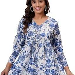 Casual Ethnic Blue & White Floral Pleated Short Kurti with Long Sleeves-image-3