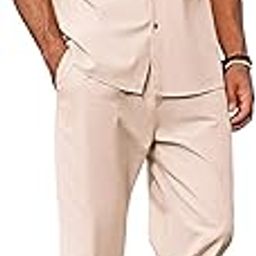 Men 2 Piece Cotton Cuban Collar Button Down Shirt Casual Loose Pant Sets,Cord Set For Men-image-58