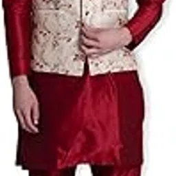 ethluxis Men's Silk Blend Maroon Kurta Churidar Pyjama with Stylish Bundi Nehru Jacket Waistcoat-picture-9
